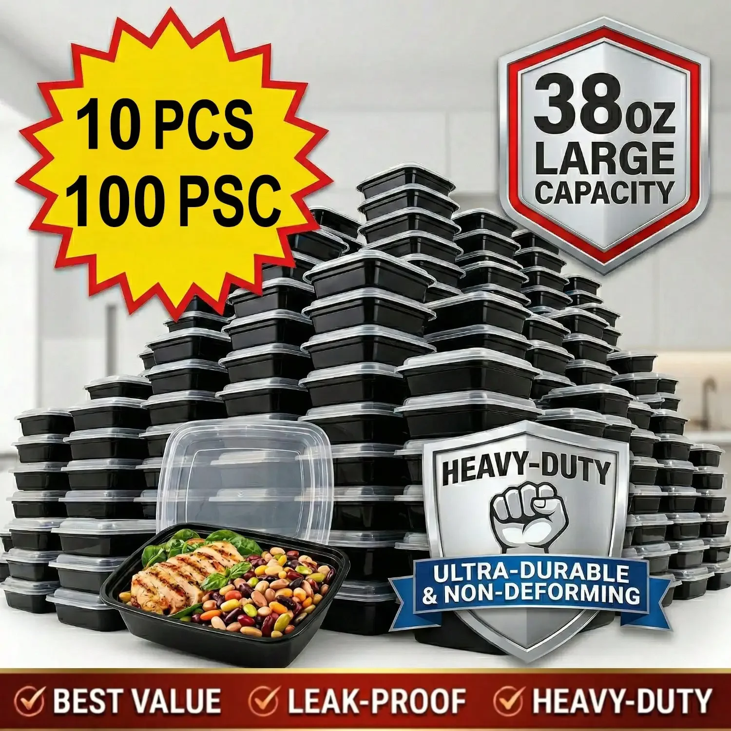 Meal Prep Kitchen - 10/100 buah Wadah Makanan Persegi Panjang